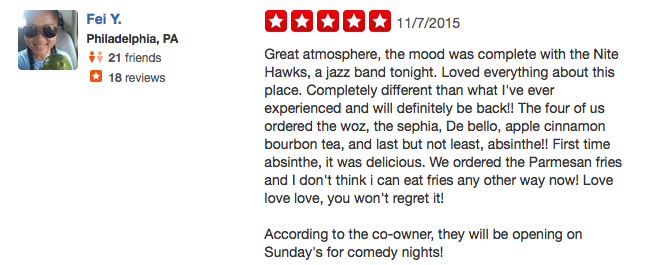 5-Star Yelp Review: Great Atmosphere